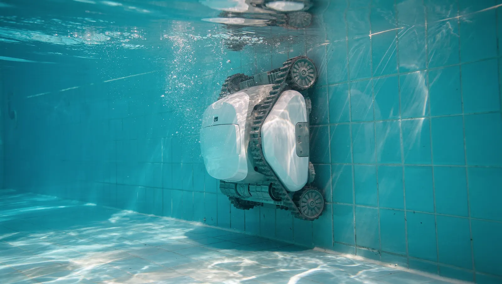 Robot de piscine sans fil grimpant le long de la paroi jusqu'à la ligne d'eau