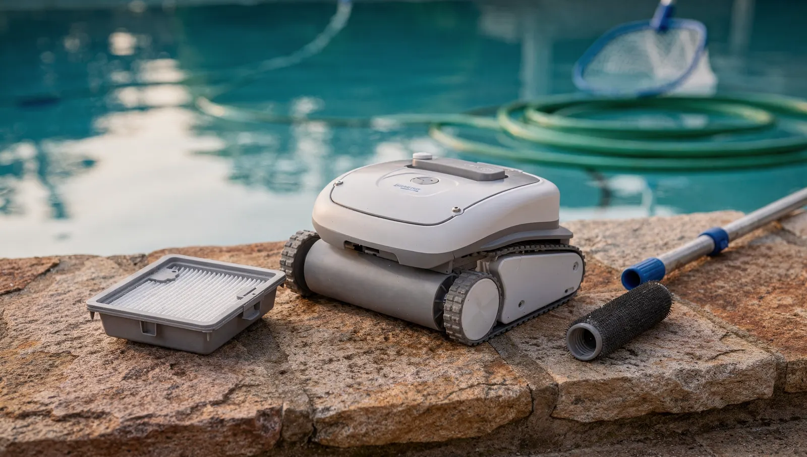 Robot de piscine posé sur la margelle à côté de son panier filtrant et d'une brosse de rechange