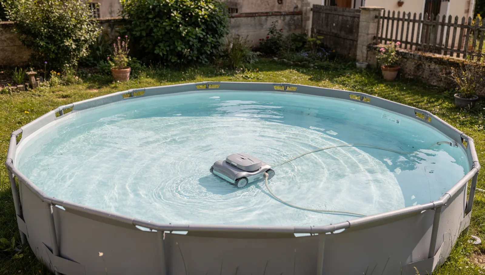 Piscine hors-sol ronde dans un jardin, petit robot de piscine visible au fond