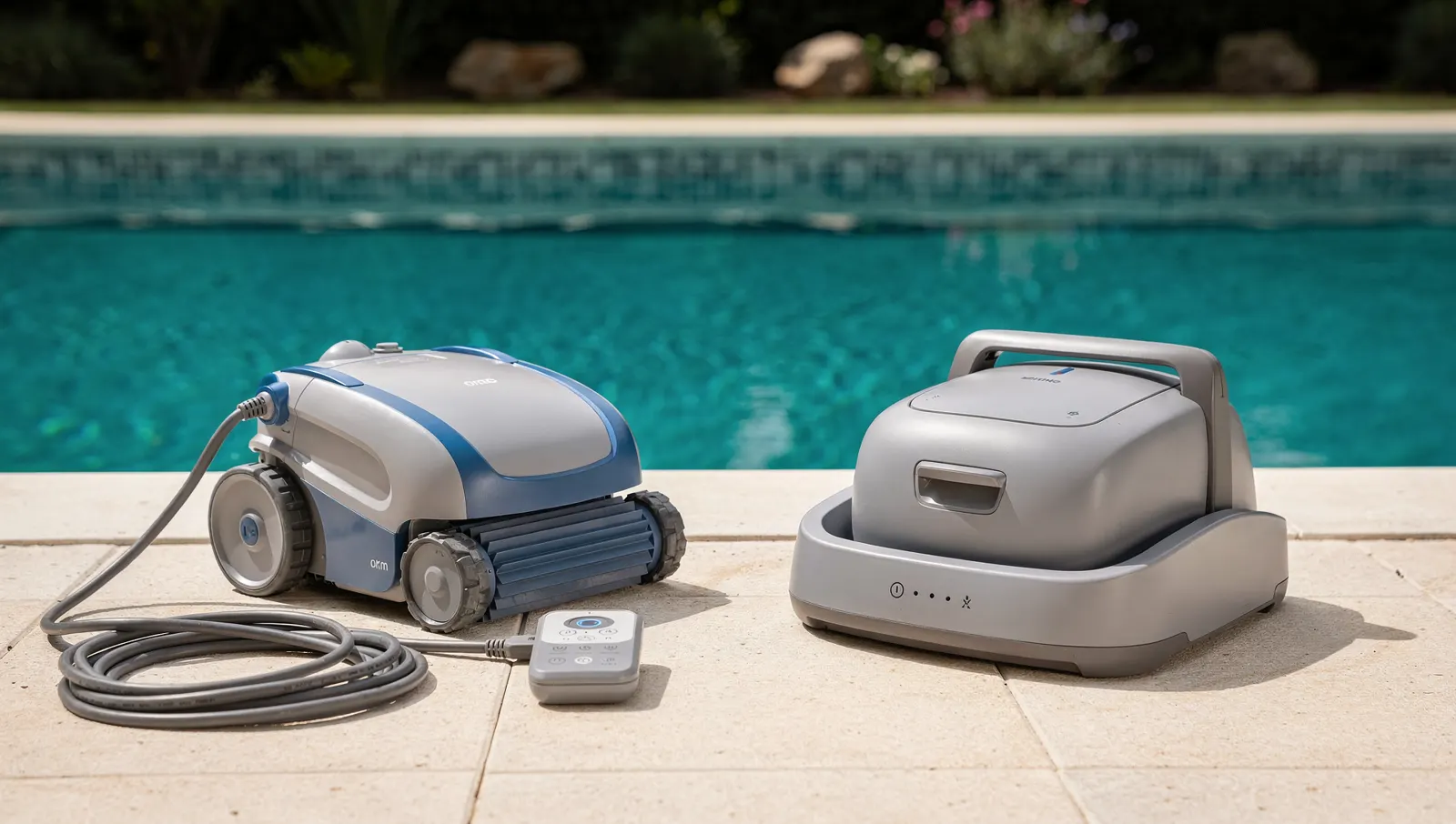 Deux robots de piscine sur la plage du bassin : un filaire avec son boîtier, un sans fil sur sa base de recharge